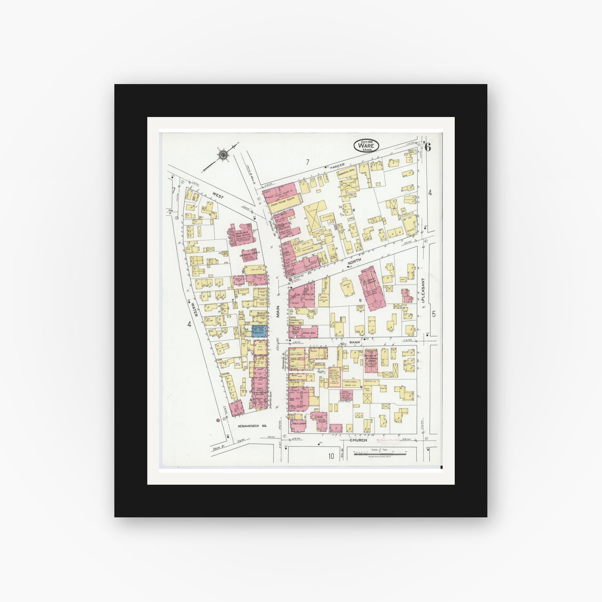 Old map wall art mockup — black gallery frame with white mat — Sanborn Fire Insurance Map from Ware, Hampshire County, Massachusetts (1919), Sheet #0006