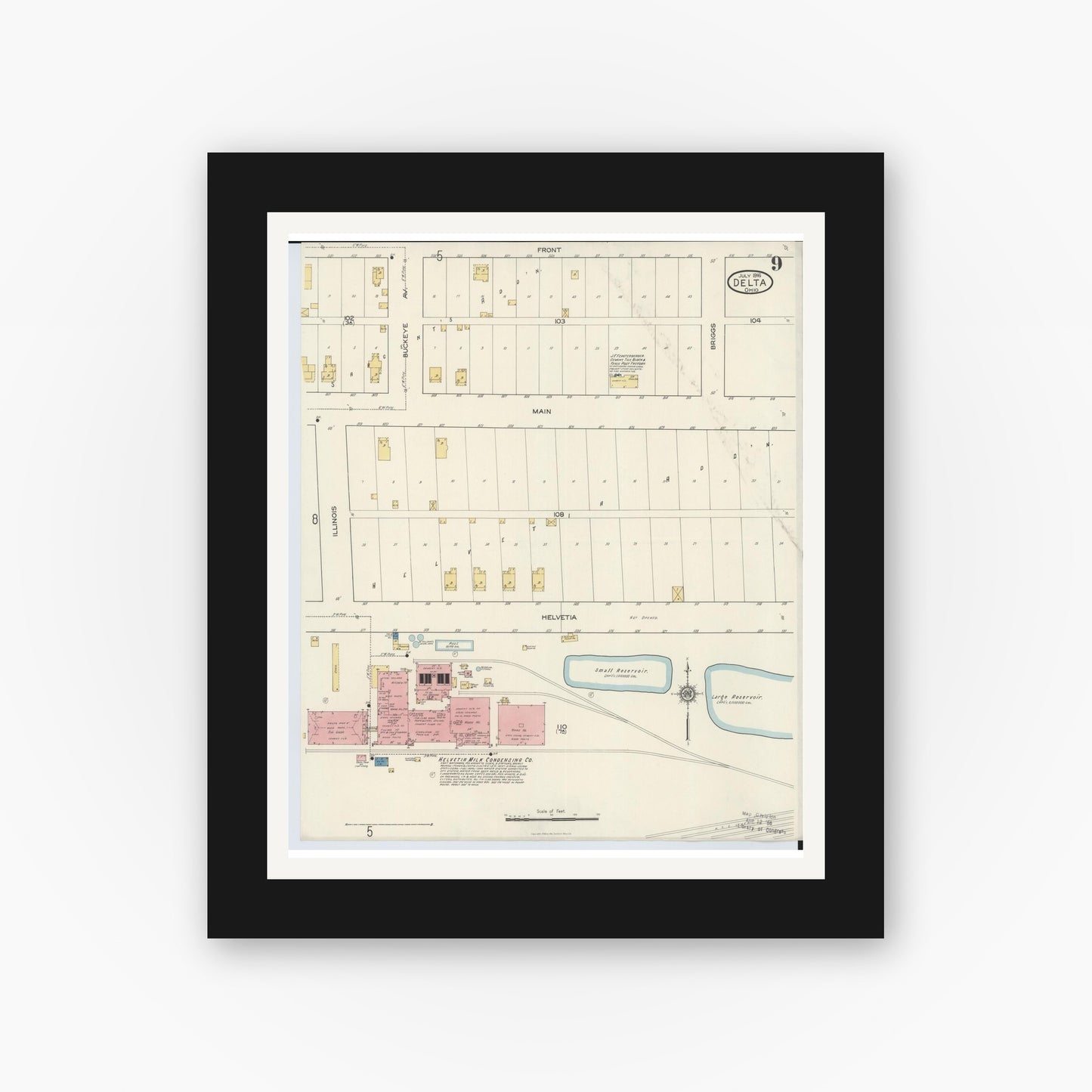 Old map wall art mockup — black gallery frame with white mat — Sanborn Fire Insurance Map from Delta, Fulton County, Ohio (1916), Sheet #0009