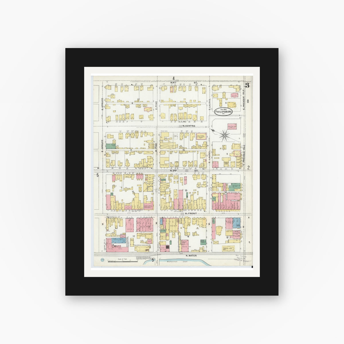 Old map wall art mockup — black gallery frame with white mat — Sanborn Fire Insurance Map from Philipsburg, Centre County, Pennsylvania (1904), Sheet #0003
