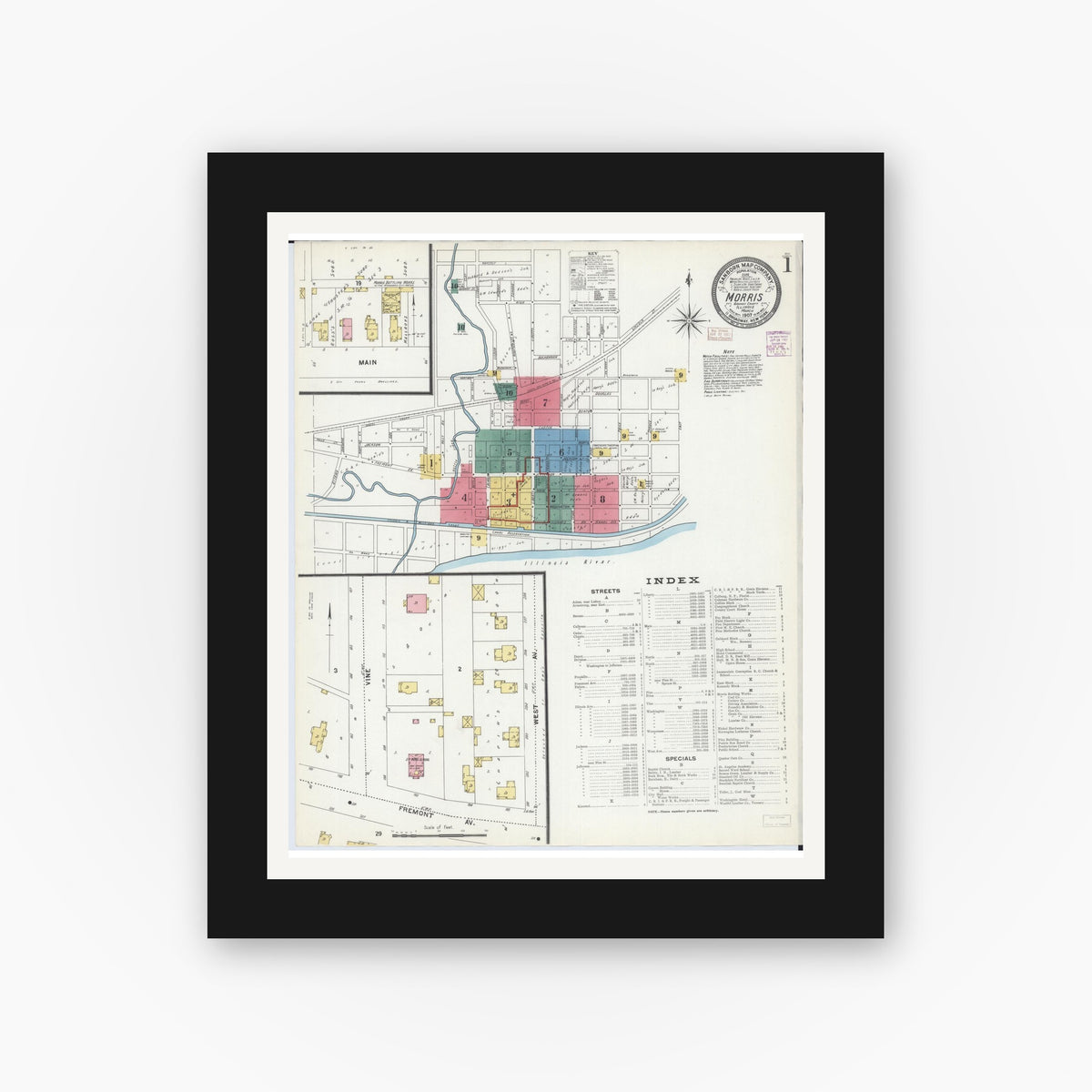 Old map wall art mockup — black gallery frame with white mat — Sanborn Fire Insurance Map from Morris, Grundy County, Illinois (1907) - Complete Map Set