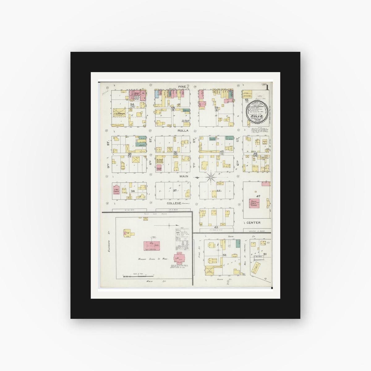 Old map wall art mockup — black gallery frame with white mat — Sanborn Fire Insurance Map from Rolla, Phelps County, Missouri (1893) - Complete Map Set