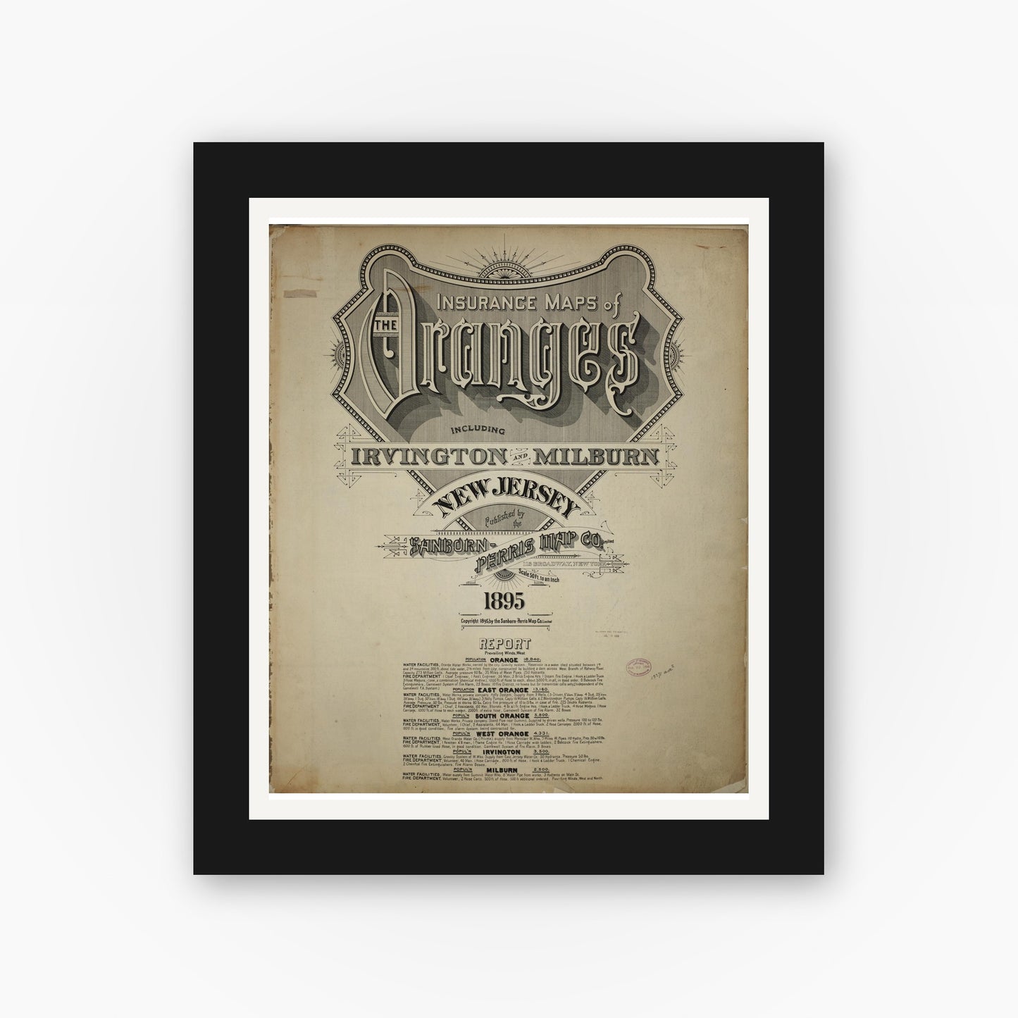 Old map wall art mockup — black gallery frame with white mat — Sanborn Fire Insurance Map from Orange, Essex County, New Jersey (1895), Sheet #0001