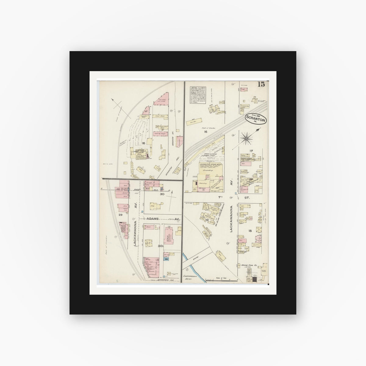Old map wall art mockup β black gallery frame with white mat β Sanborn Fire Insurance Map from Scranton, Lackawanna County, Pennsylvania (1884), Sheet #0015
