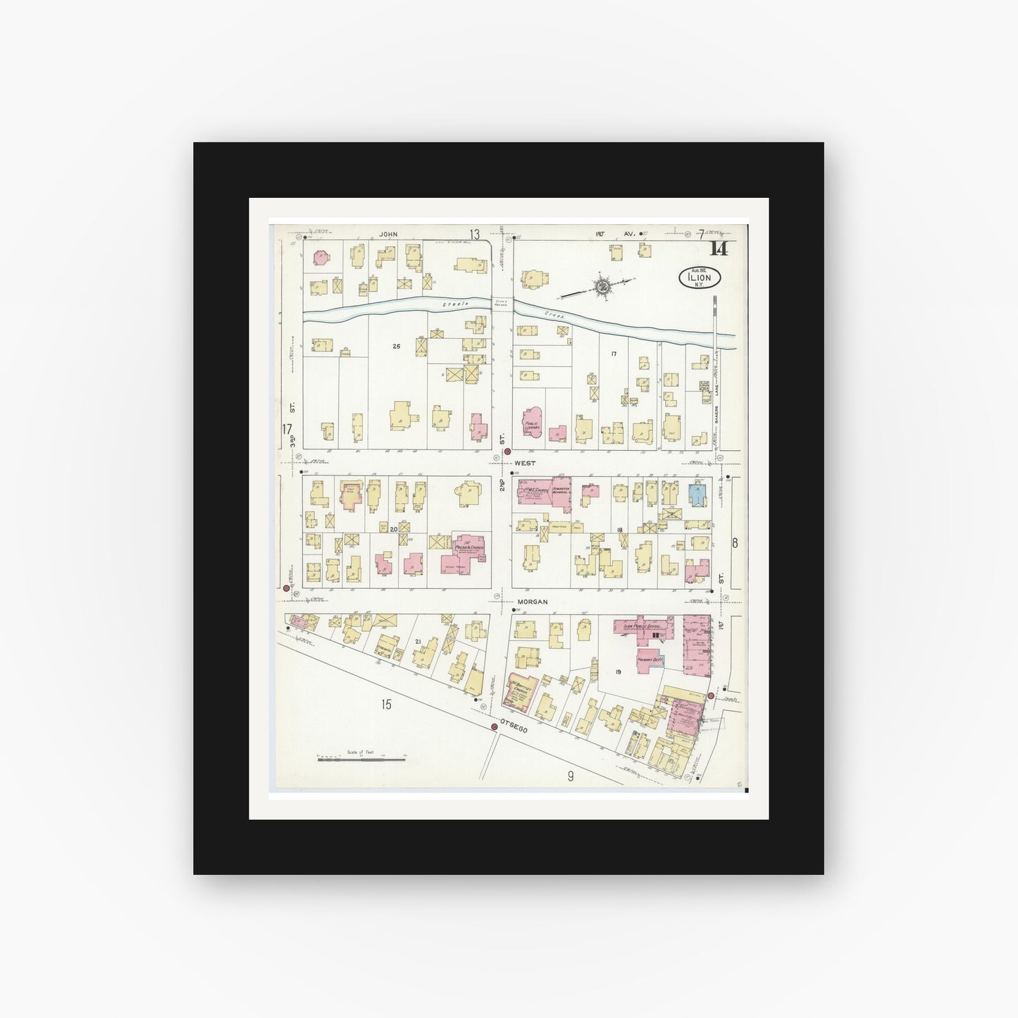 Old map wall art mockup — black gallery frame with white mat — Sanborn Fire Insurance Map from Ilion, Herkimer County, New York (1912), Sheet #0014