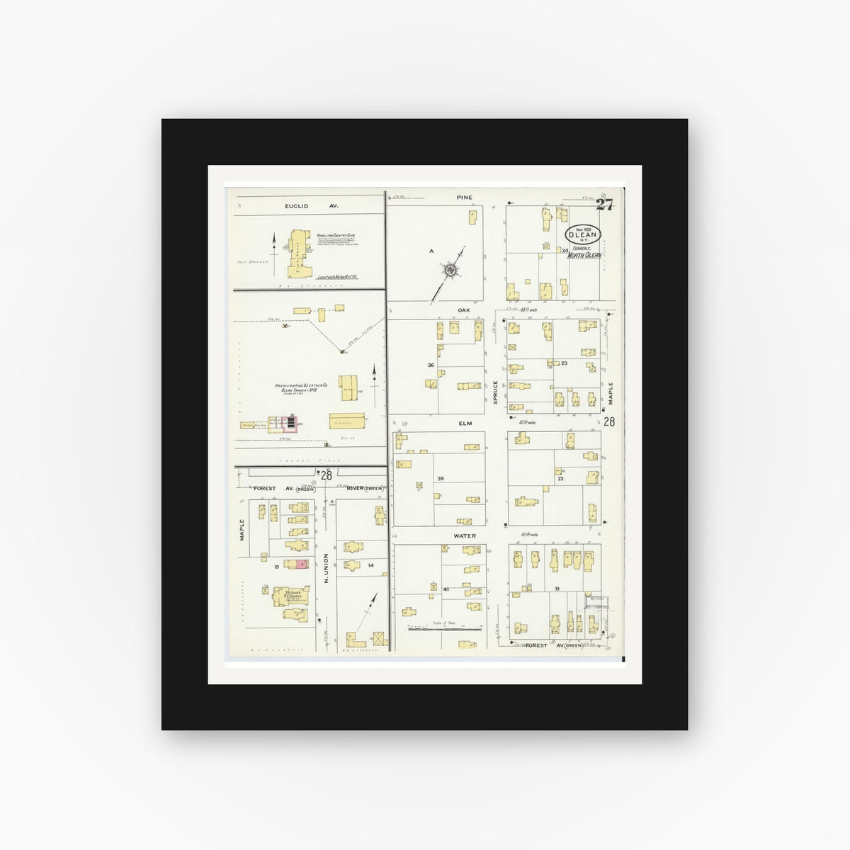 Old map wall art mockup — black gallery frame with white mat — Sanborn Fire Insurance Map from Olean, Cattaraugus County, New York (1909), Sheet #0027