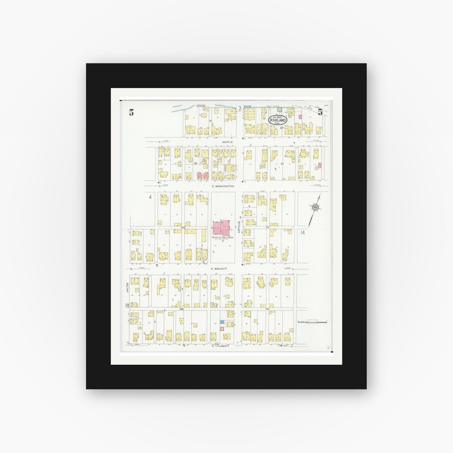 Old map wall art mockup — black gallery frame with white mat — Sanborn Fire Insurance Map from Ashland, Ashland County, Ohio (1930), Sheet #0005