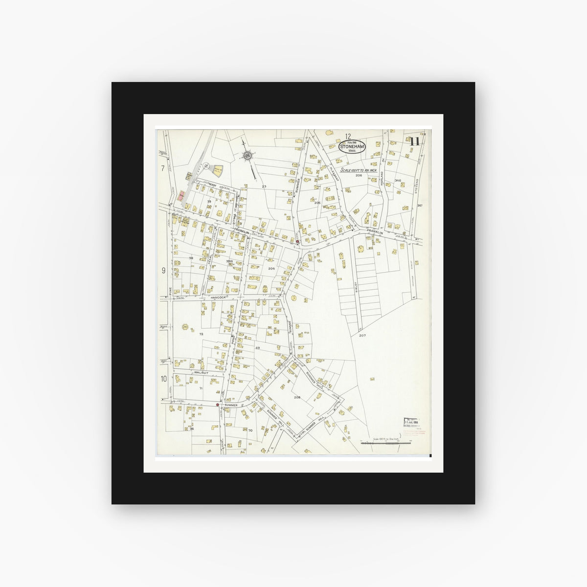 Old map wall art mockup — black gallery frame with white mat — Sanborn Fire Insurance Map from Stoneham, Middlesex County, Massachusetts (1916), Sheet #0011