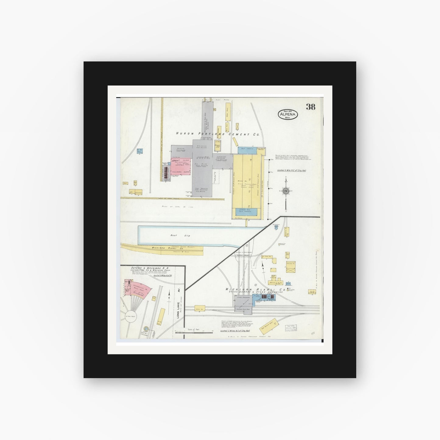 Old map wall art mockup — black gallery frame with white mat — Sanborn Fire Insurance Map from Alpena, Alpena County, Michigan (1910), Sheet #0038