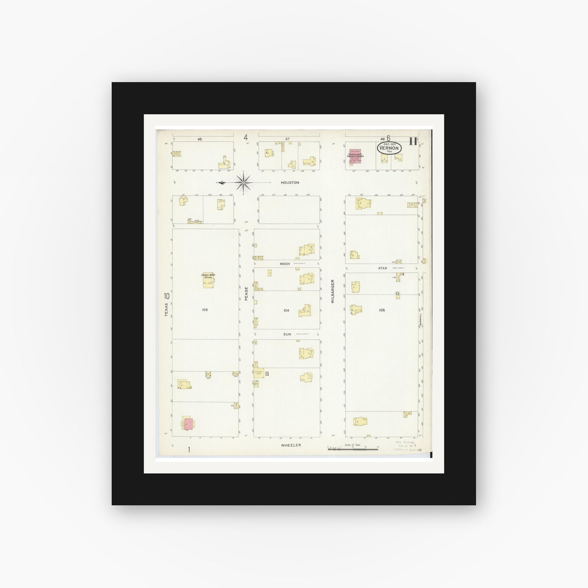 Old map wall art mockup — black gallery frame with white mat — Sanborn Fire Insurance Map from Vernon, Wilbarger County, Texas (1907), Sheet #0011