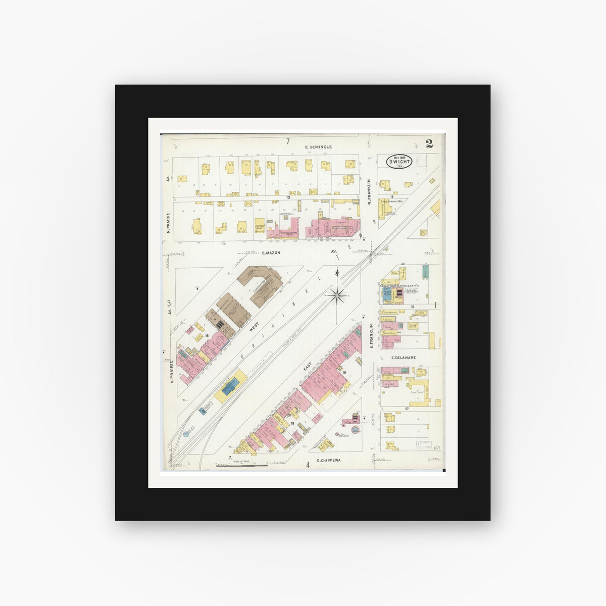 Old map wall art mockup — black gallery frame with white mat — Sanborn Fire Insurance Map from Dwight, Livingston County, Illinois (1907), Sheet #0002