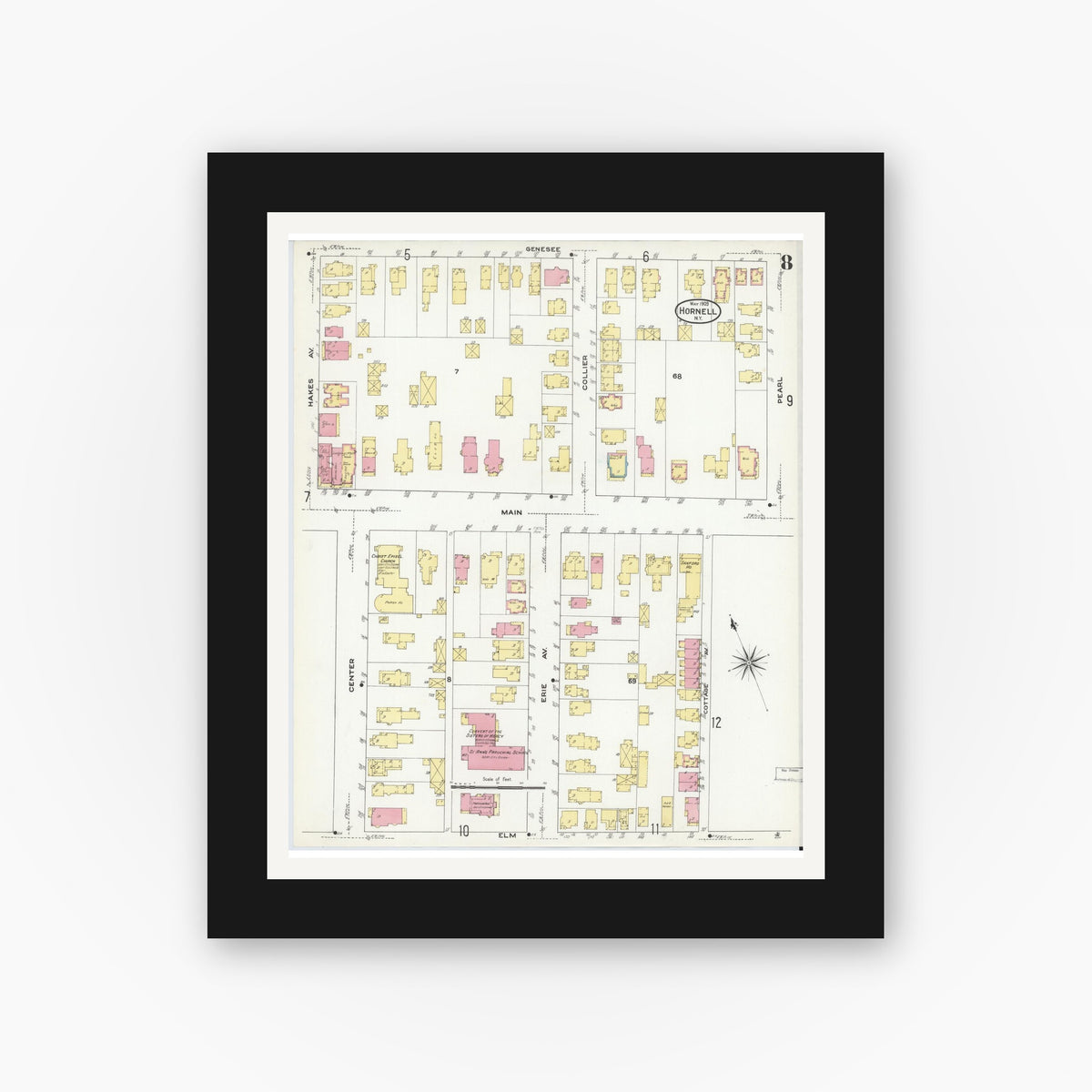 Old map wall art mockup — black gallery frame with white mat — Sanborn Fire Insurance Map from Hornell, Steuben County, New York (1909), Sheet #0008