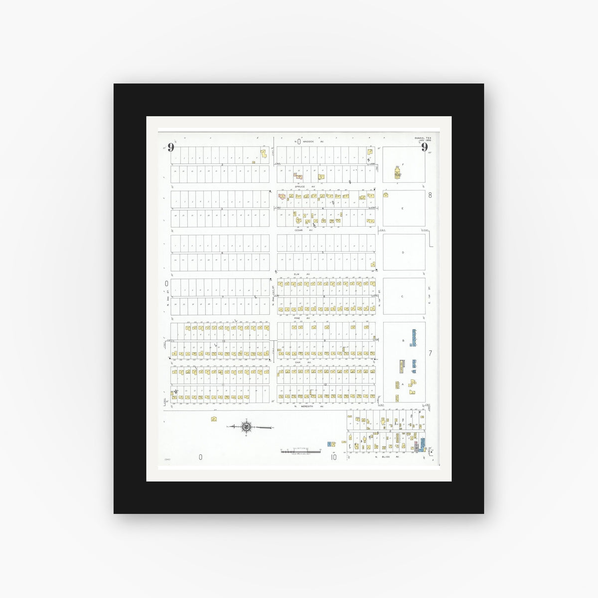 Old map wall art mockup — black gallery frame with white mat — Sanborn Fire Insurance Map from Dumas, Moore County, Texas (1950), Sheet #0009