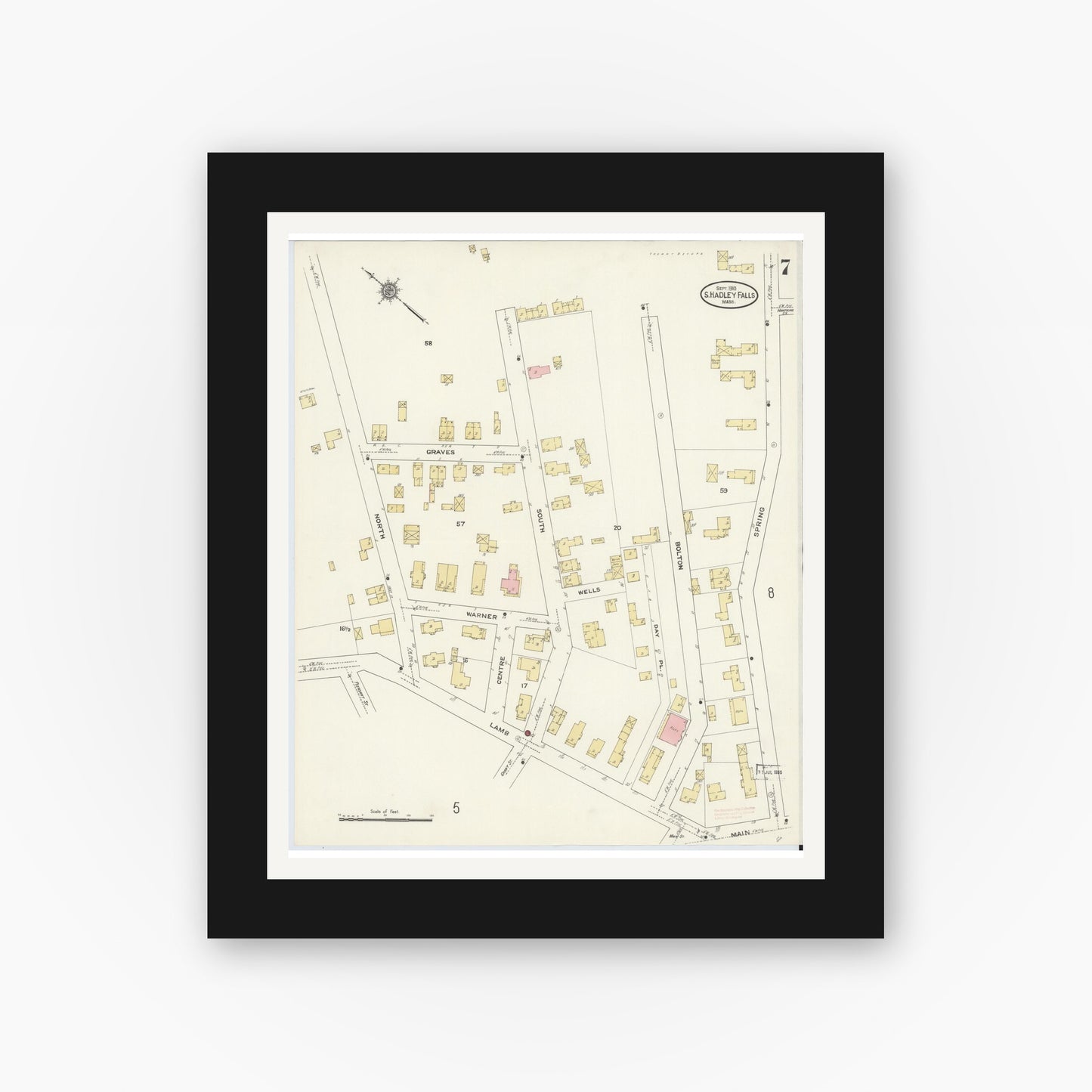 Old map wall art mockup — black gallery frame with white mat — Sanborn Fire Insurance Map from South Hadley Falls, Hampshire County, Massachusetts (1910), Sheet #0007