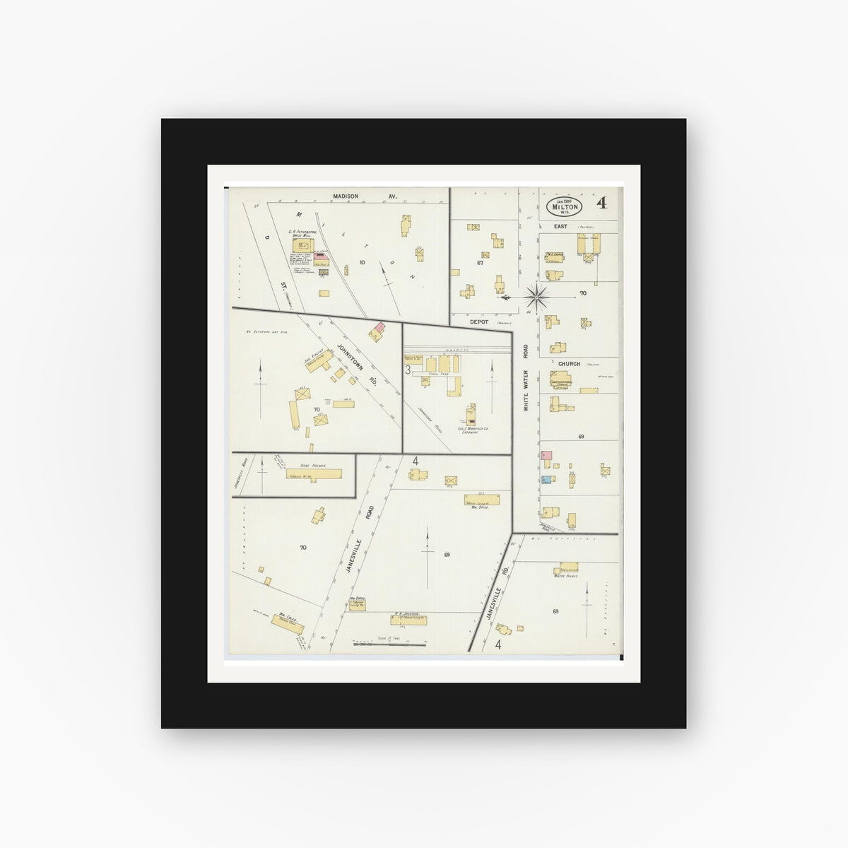 Old map wall art mockup — black gallery frame with white mat — Sanborn Fire Insurance Map from Milton, Rock County, Wisconsin (1900), Sheet #0004