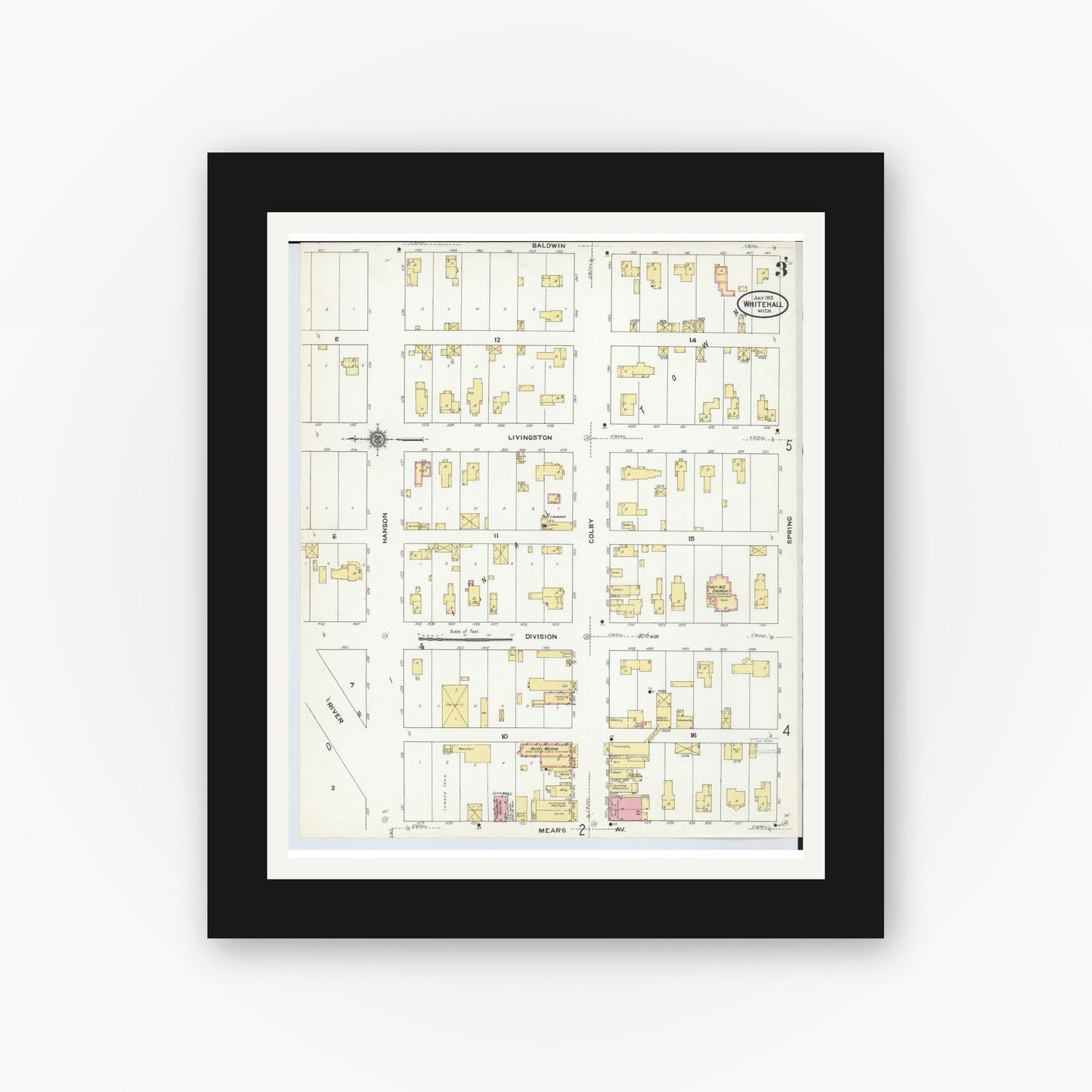 Old map wall art mockup — black gallery frame with white mat — Sanborn Fire Insurance Map from Whitehall, Muskegon County, Michigan (1910), Sheet #0003