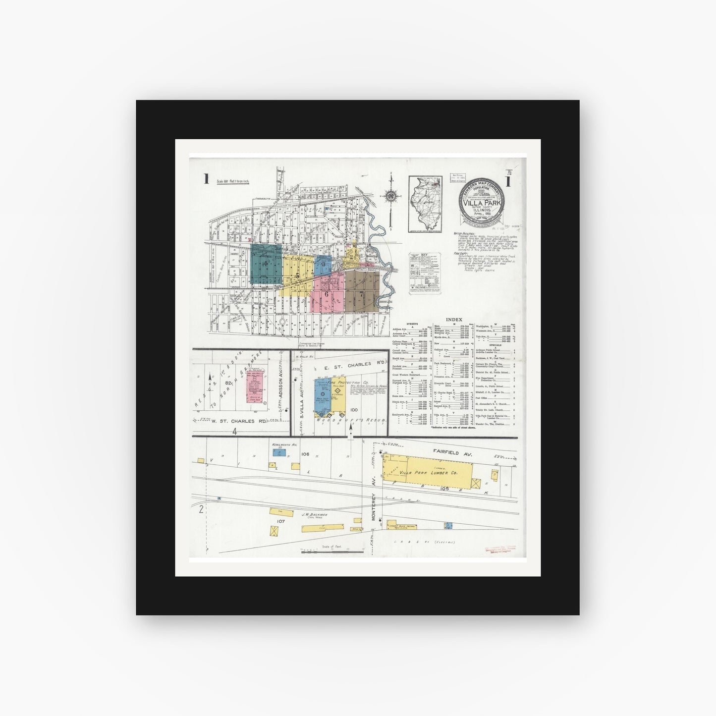 Old map wall art mockup — black gallery frame with white mat — Sanborn Fire Insurance Map from Villa Park, Du Page County, Illinois (1925) - Complete Map Set