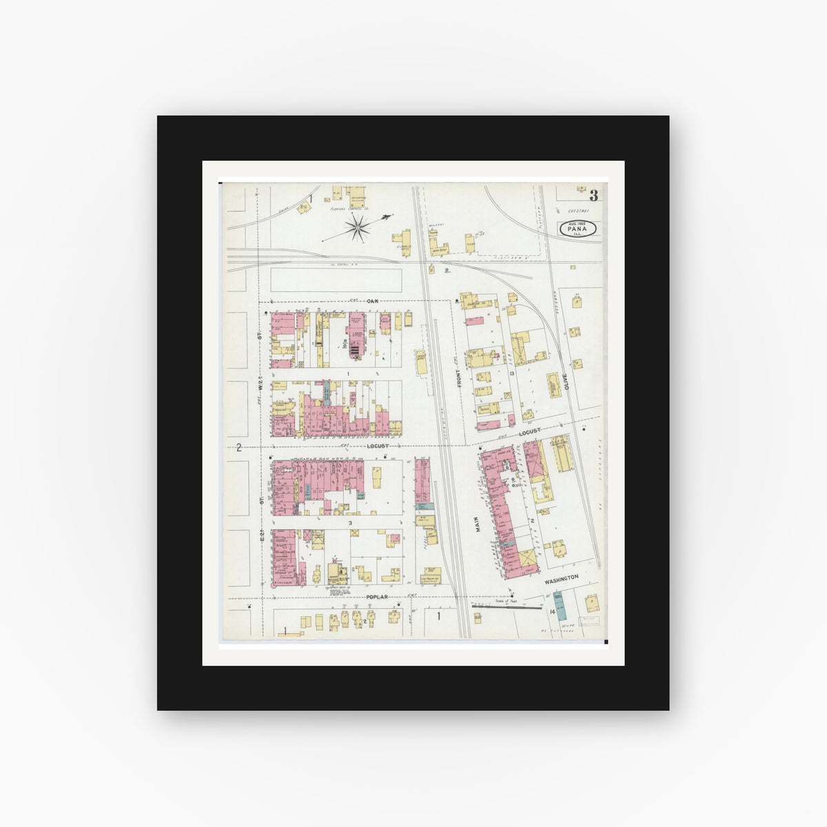 Old map wall art mockup — black gallery frame with white mat — Sanborn Fire Insurance Map from Pana, Christian County, Illinois (1902), Sheet #0003