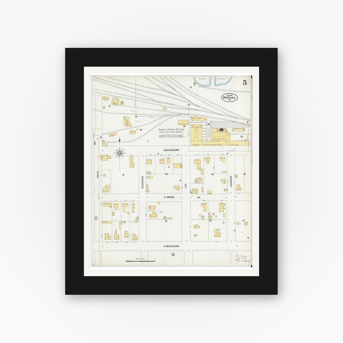 Old map wall art mockup — black gallery frame with white mat — Sanborn Fire Insurance Map from Marshall, Harrison County, Texas (1899), Sheet #0005