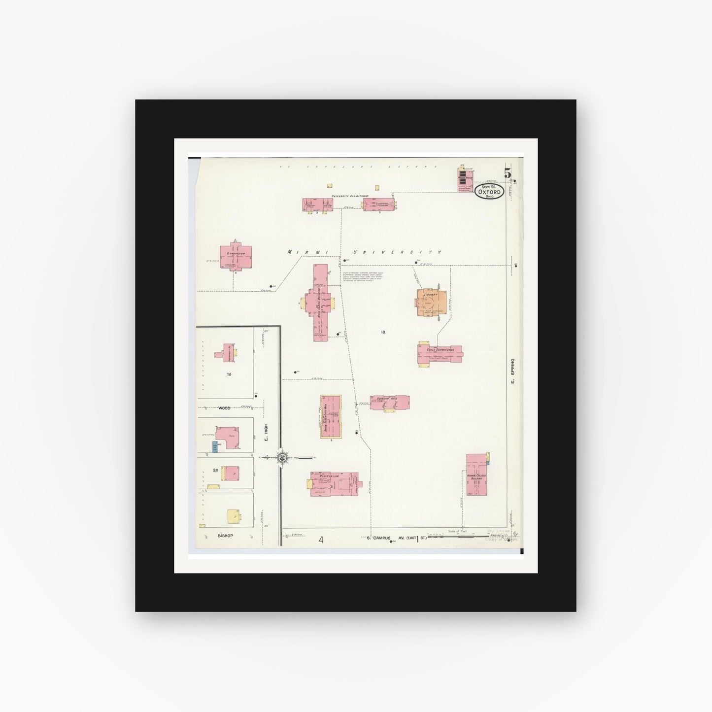 Old map wall art mockup — black gallery frame with white mat — Sanborn Fire Insurance Map from Oxford, Butler County, Ohio (1911), Sheet #0005