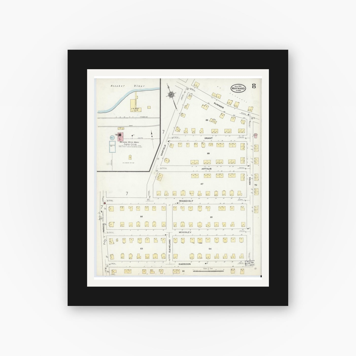 Old map wall art mockup — black gallery frame with white mat — Sanborn Fire Insurance Map from Maynard, Middlesex County, Massachusetts (1910), Sheet #0008
