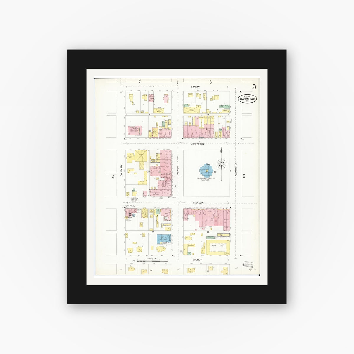 Old map wall art mockup — black gallery frame with white mat — Sanborn Fire Insurance Map from Bloomfield, Davis County, Iowa (1907), Sheet #0005