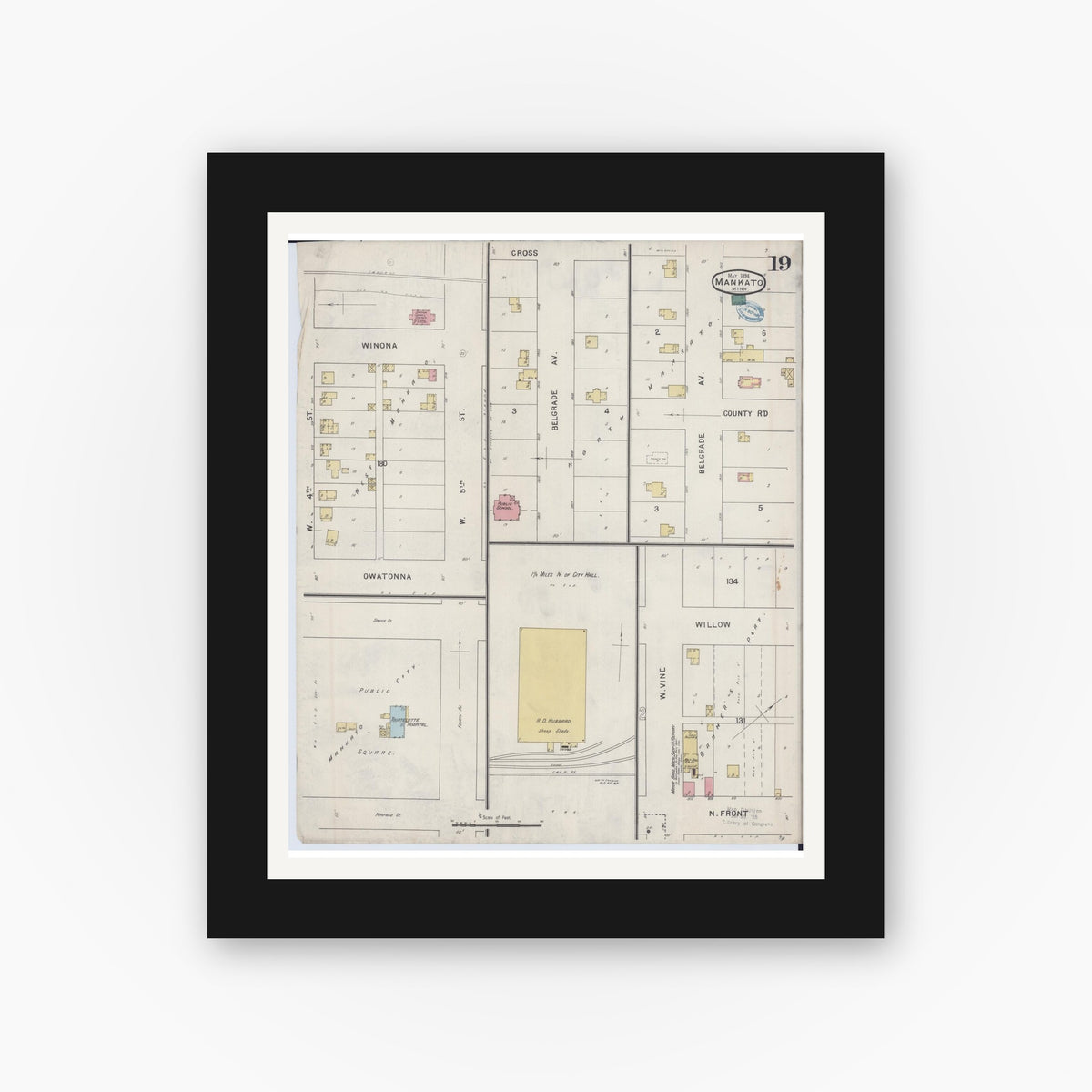 Old map wall art mockup — black gallery frame with white mat — Sanborn Fire Insurance Map from Mankato, Blue Earth County, Minnesota (1894), Sheet #0019