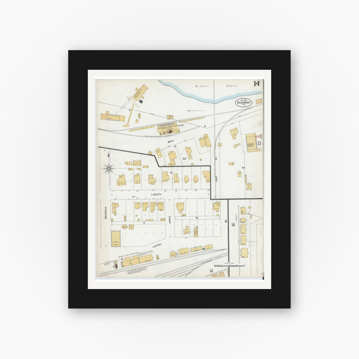 Old map wall art mockup — black gallery frame with white mat — Sanborn Fire Insurance Map from Beaumont, Jefferson County, Texas (1899), Sheet #0014
