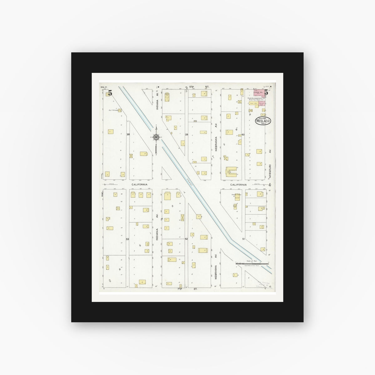 Old map wall art mockup — black gallery frame with white mat — Sanborn Fire Insurance Map from Weslaco, Hidalgo County, Texas (1925), Sheet #0005