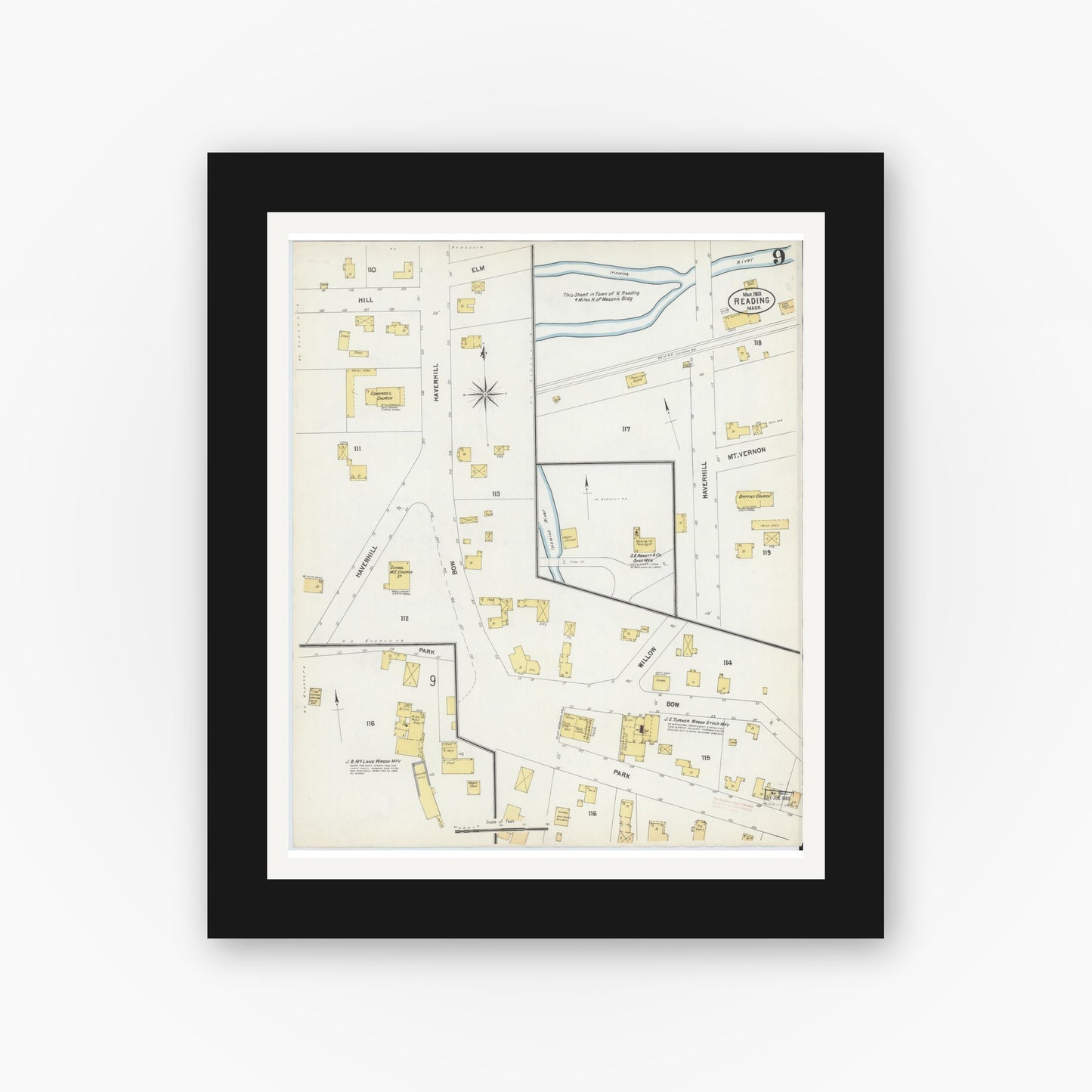 Old map wall art mockup — black gallery frame with white mat — Sanborn Fire Insurance Map from Reading, Middlesex County, Massachusetts (1903), Sheet #0009