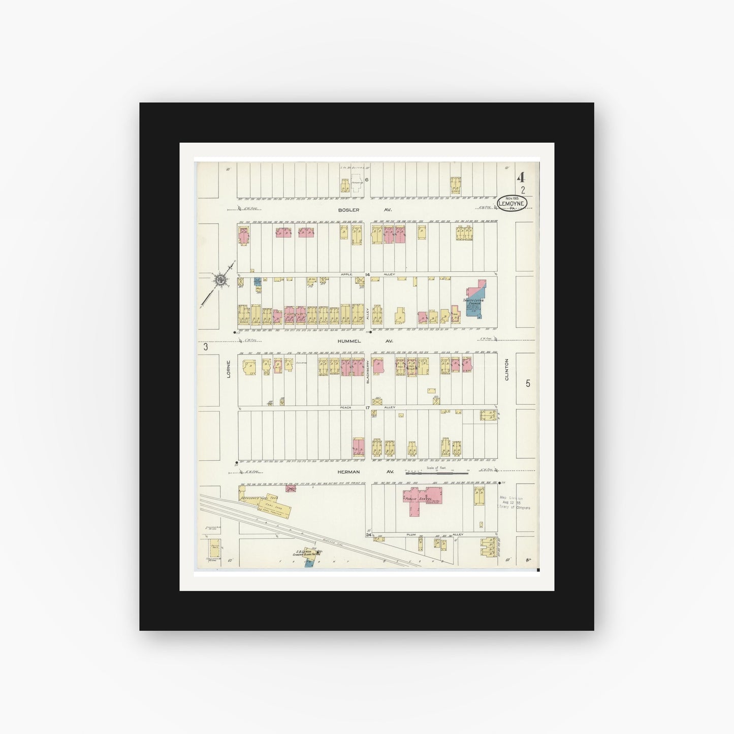 Old map wall art mockup — black gallery frame with white mat — Sanborn Fire Insurance Map from Lemoyne, Cumberland County, Pennsylvania (1913), Sheet #0004