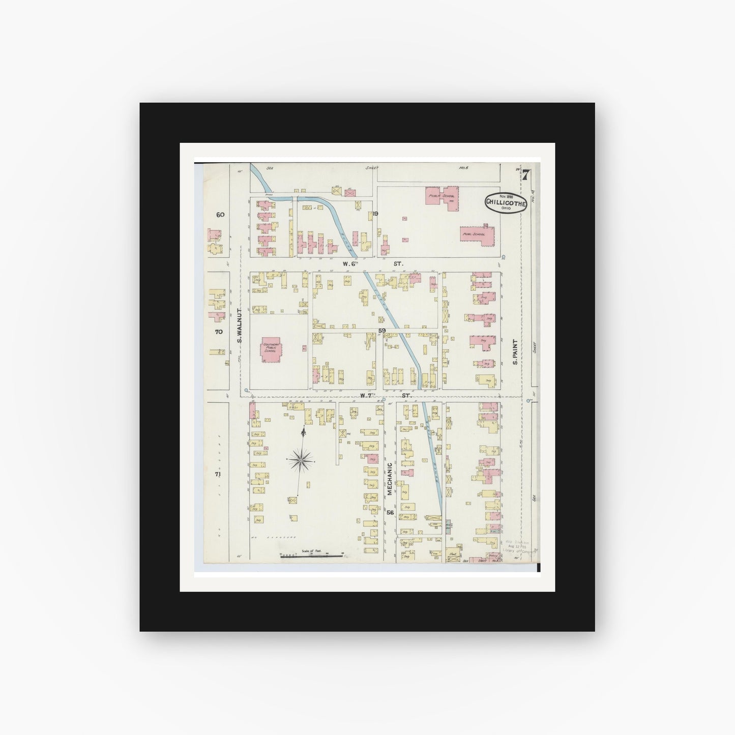 Old map wall art mockup — black gallery frame with white mat — Sanborn Fire Insurance Map from Chillicothe, Ross County, Ohio (1890), Sheet #0007