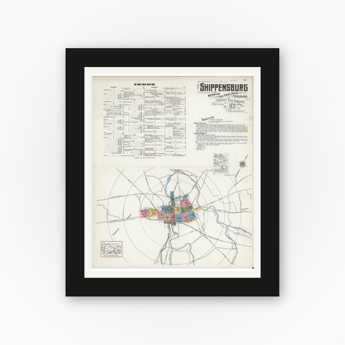 Old map wall art mockup — black gallery frame with white mat — Sanborn Fire Insurance Map from Shippensburg, Cumberland And Franklin Counties, Pennsylvania (1921), Sheet #0001
