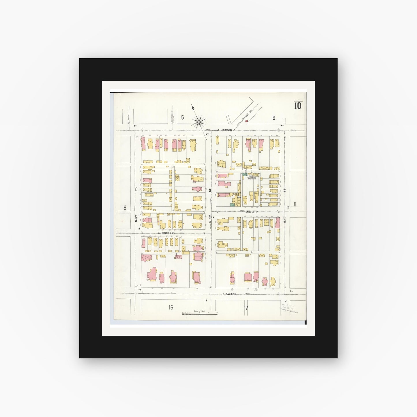 Old map wall art mockup — black gallery frame with white mat — Sanborn Fire Insurance Map from Hamilton, Butler County, Ohio (1899), Sheet #0010