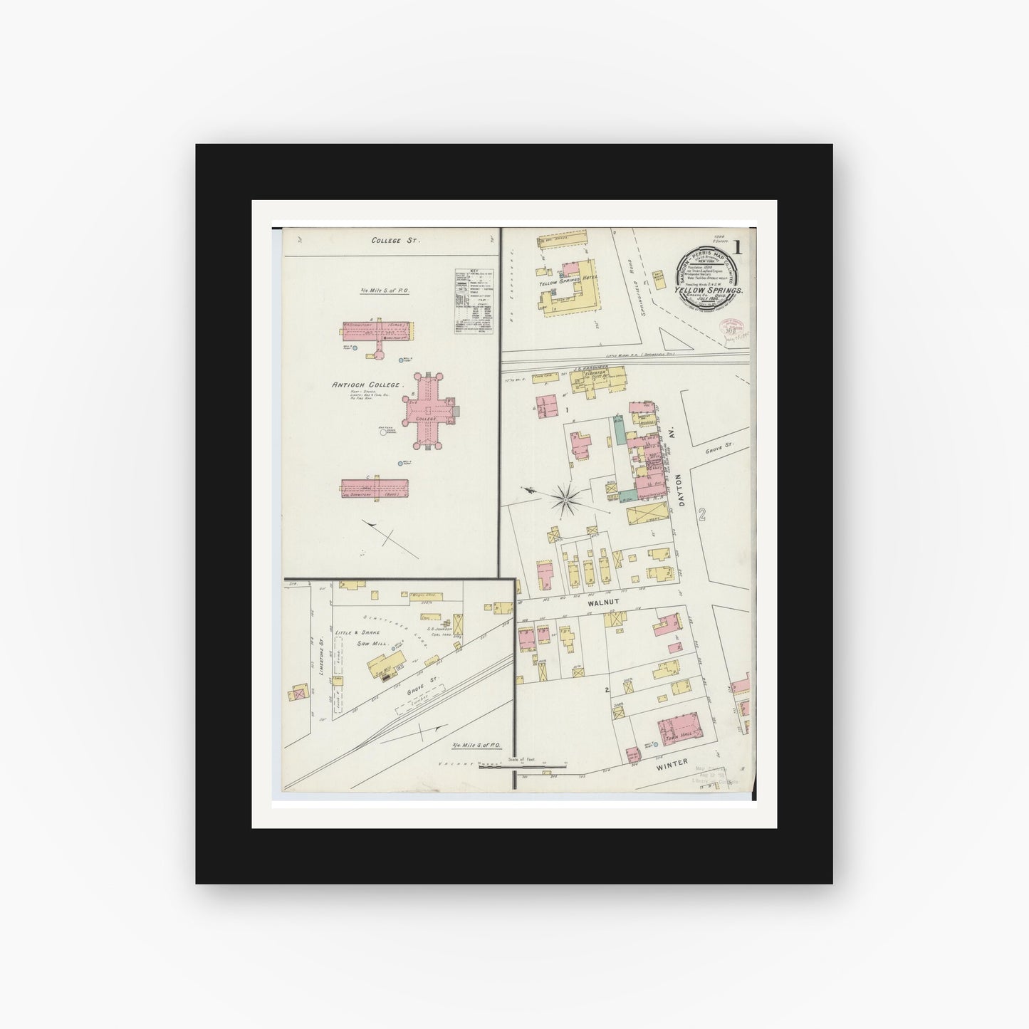Old map wall art mockup — black gallery frame with white mat — Sanborn Fire Insurance Map from Yellow Springs, Greene County, Ohio (1895), Sheet #0001