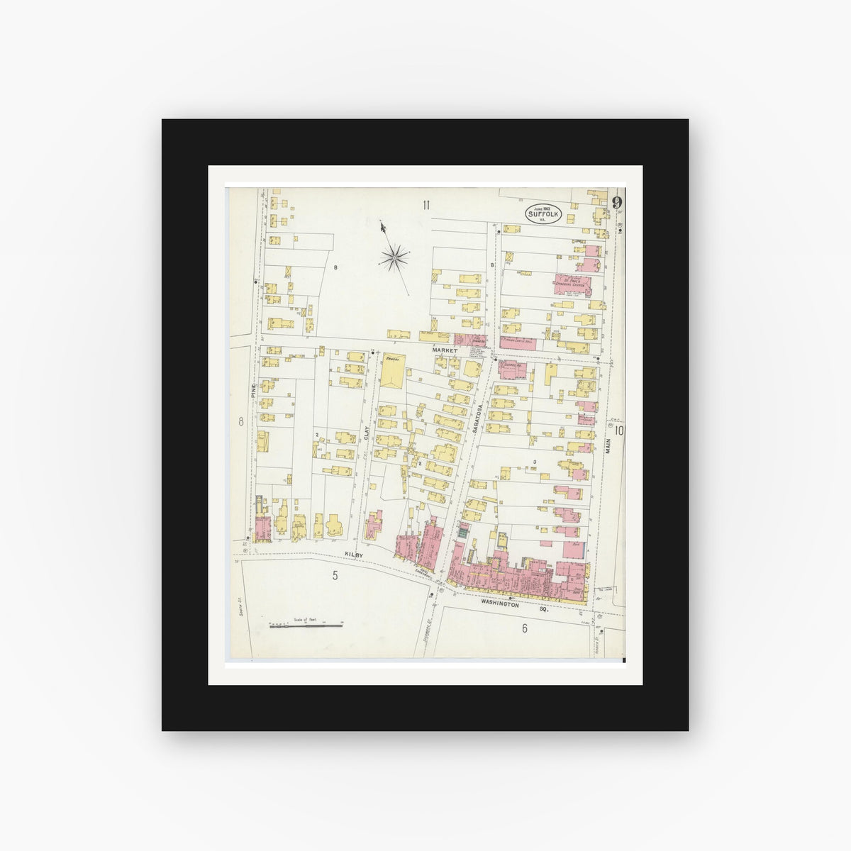 Old map wall art mockup — black gallery frame with white mat — Sanborn Fire Insurance Map from Suffolk, Independent Cities, Virginia (1903), Sheet #0009