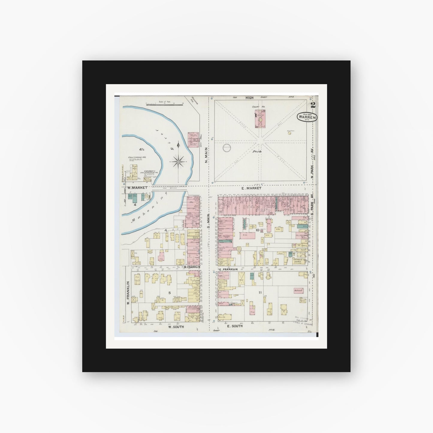 Old map wall art mockup — black gallery frame with white mat — Sanborn Fire Insurance Map from Warren, Trumbull County, Ohio (1889), Sheet #0002
