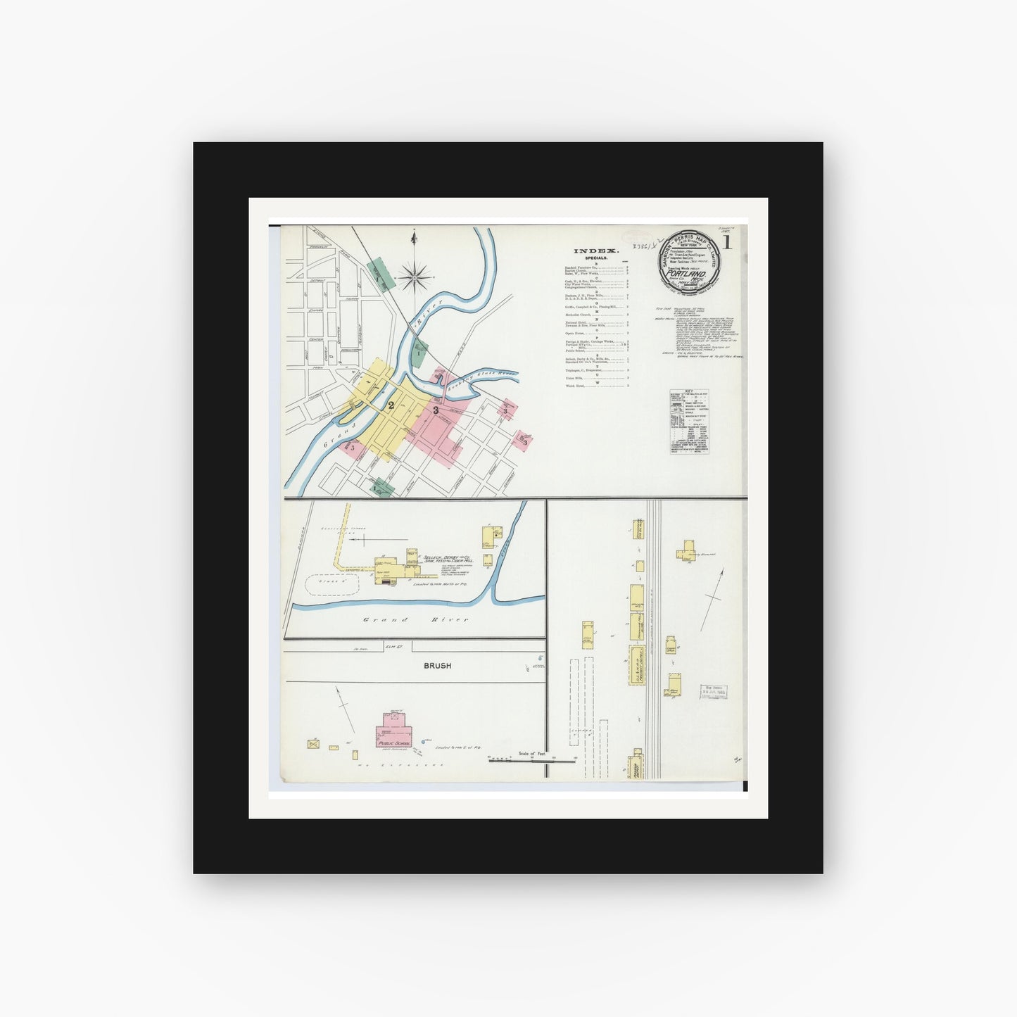 Old map wall art mockup — black gallery frame with white mat — Sanborn Fire Insurance Map from Portland, Ionia County, Michigan (1892), Sheet #0001