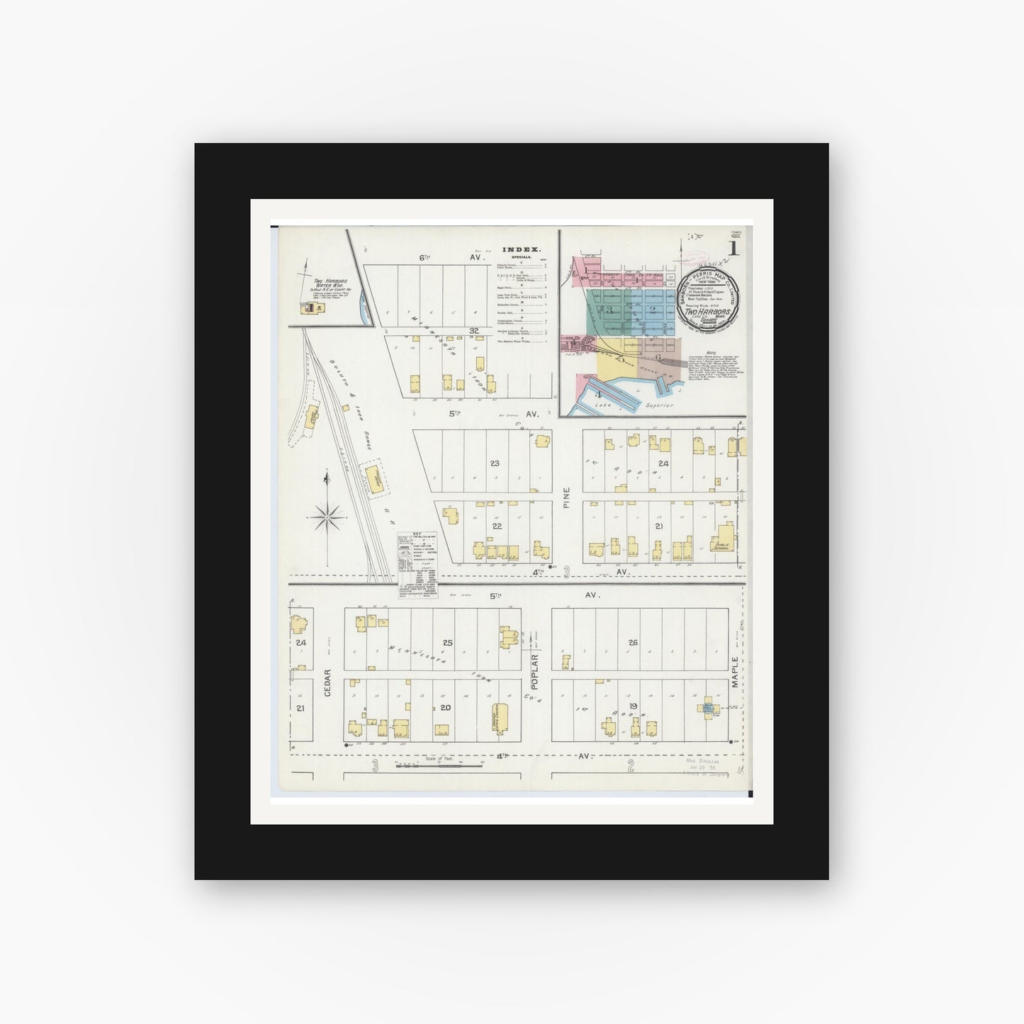 Old map wall art mockup — black gallery frame with white mat — Sanborn Fire Insurance Map from Two Harbors, Lake County, Minnesota (1892) - Complete Map Set