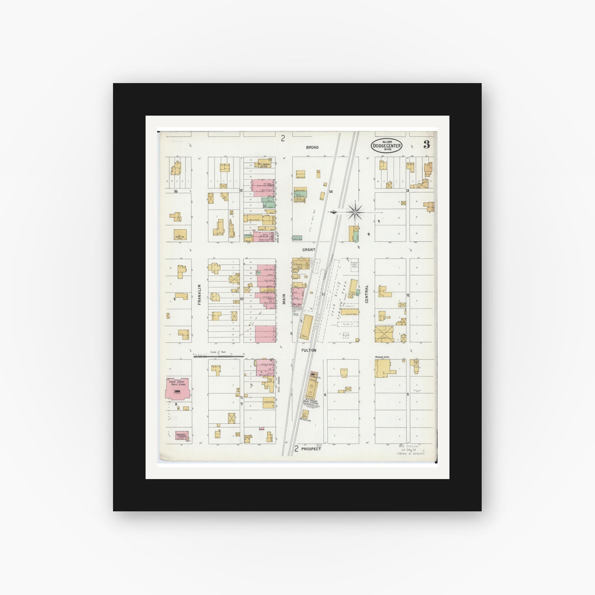Old map wall art mockup — black gallery frame with white mat — Sanborn Fire Insurance Map from Dodge Center, Dodge County, Minnesota (1899), Sheet #0003