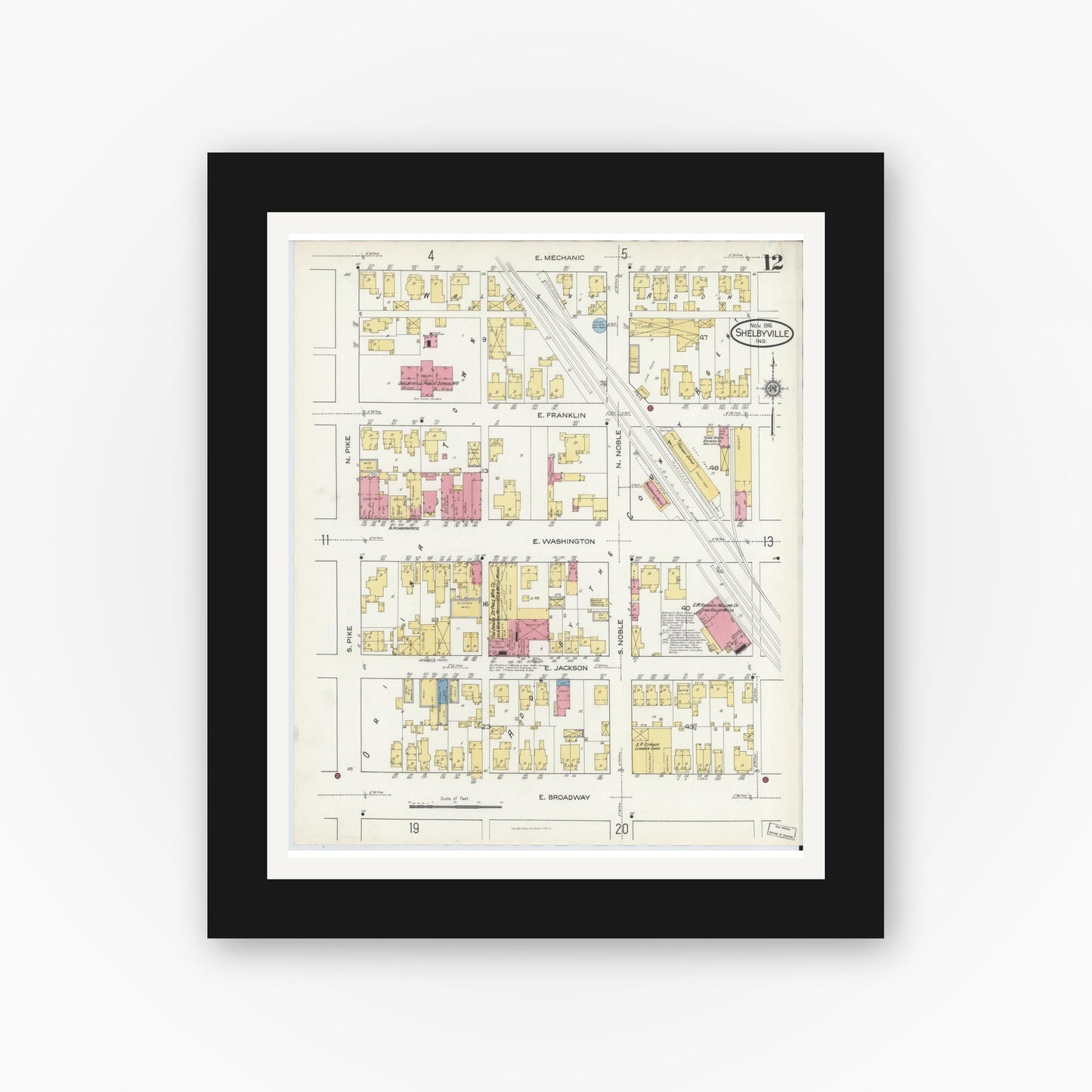 Old map wall art mockup — black gallery frame with white mat — Sanborn Fire Insurance Map from Shelbyville, Shelby County, Indiana (1916), Sheet #0012