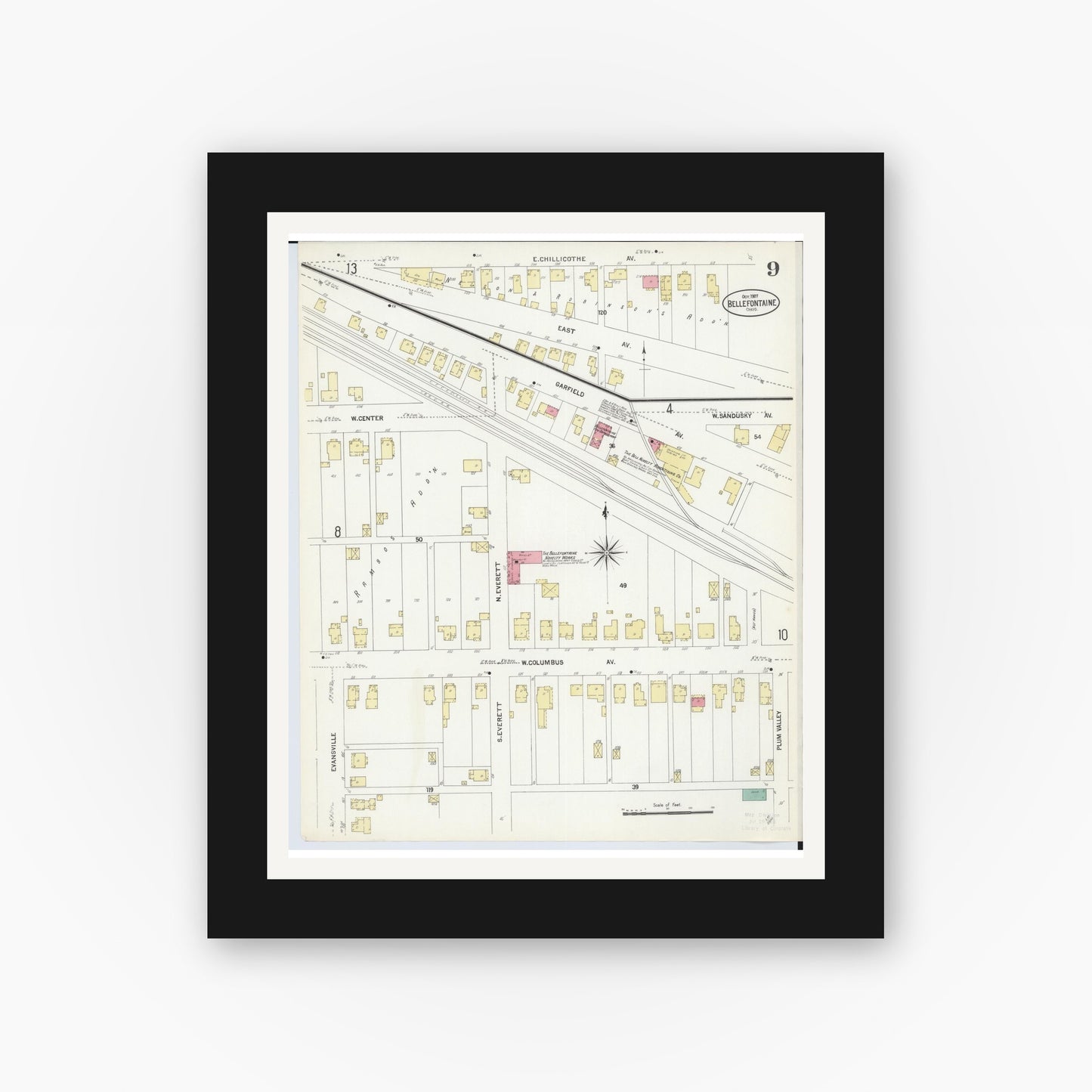 Old map wall art mockup — black gallery frame with white mat — Sanborn Fire Insurance Map from Bellefontaine, Logan County, Ohio (1907), Sheet #0009