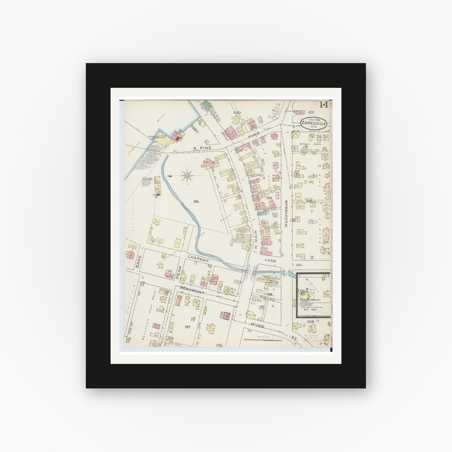 Old map wall art mockup — black gallery frame with white mat — Sanborn Fire Insurance Map from Zanesville, Muskingum County, Ohio (1886), Sheet #0014