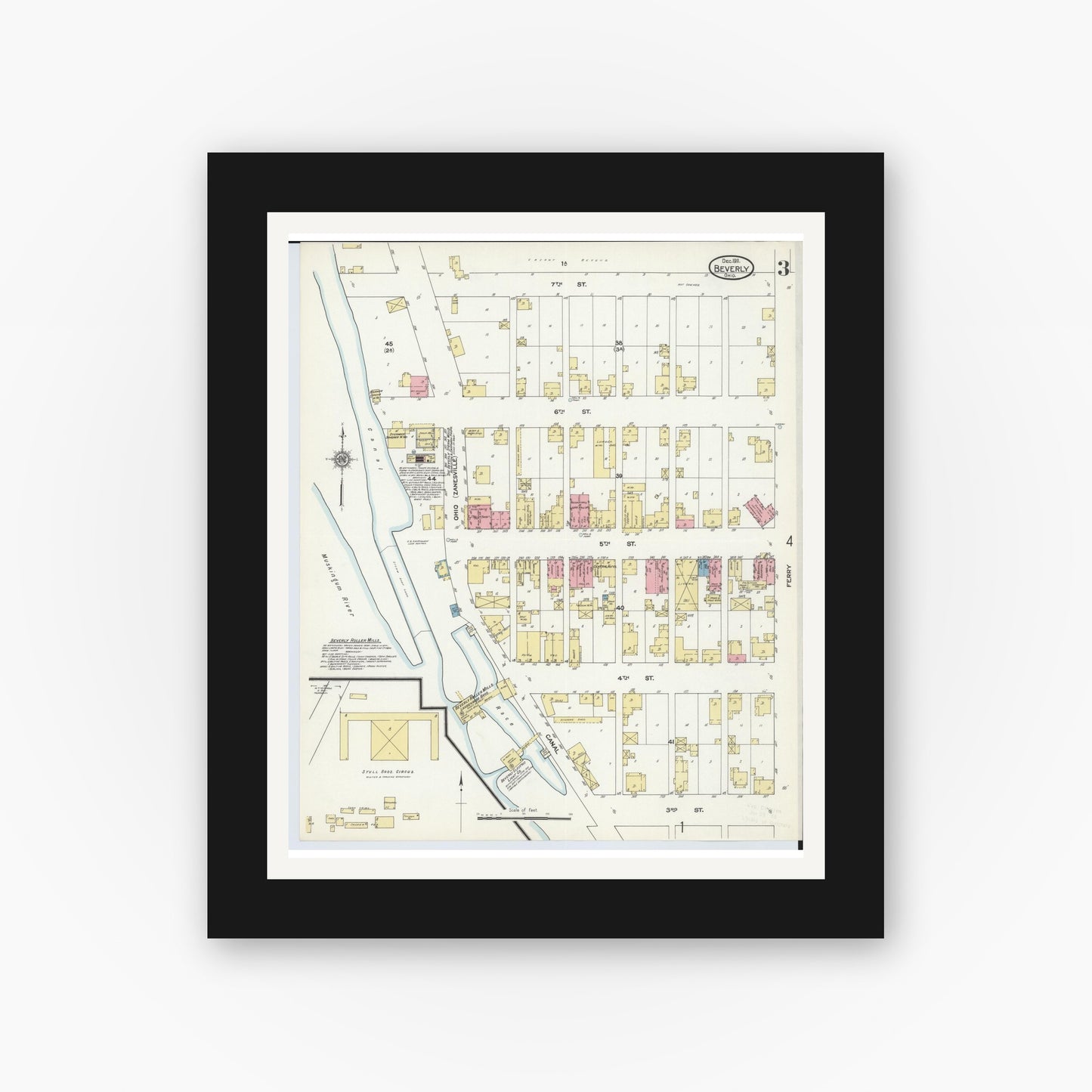 Old map wall art mockup — black gallery frame with white mat — Sanborn Fire Insurance Map from Beverly, Washington County, Ohio (1911), Sheet #0003