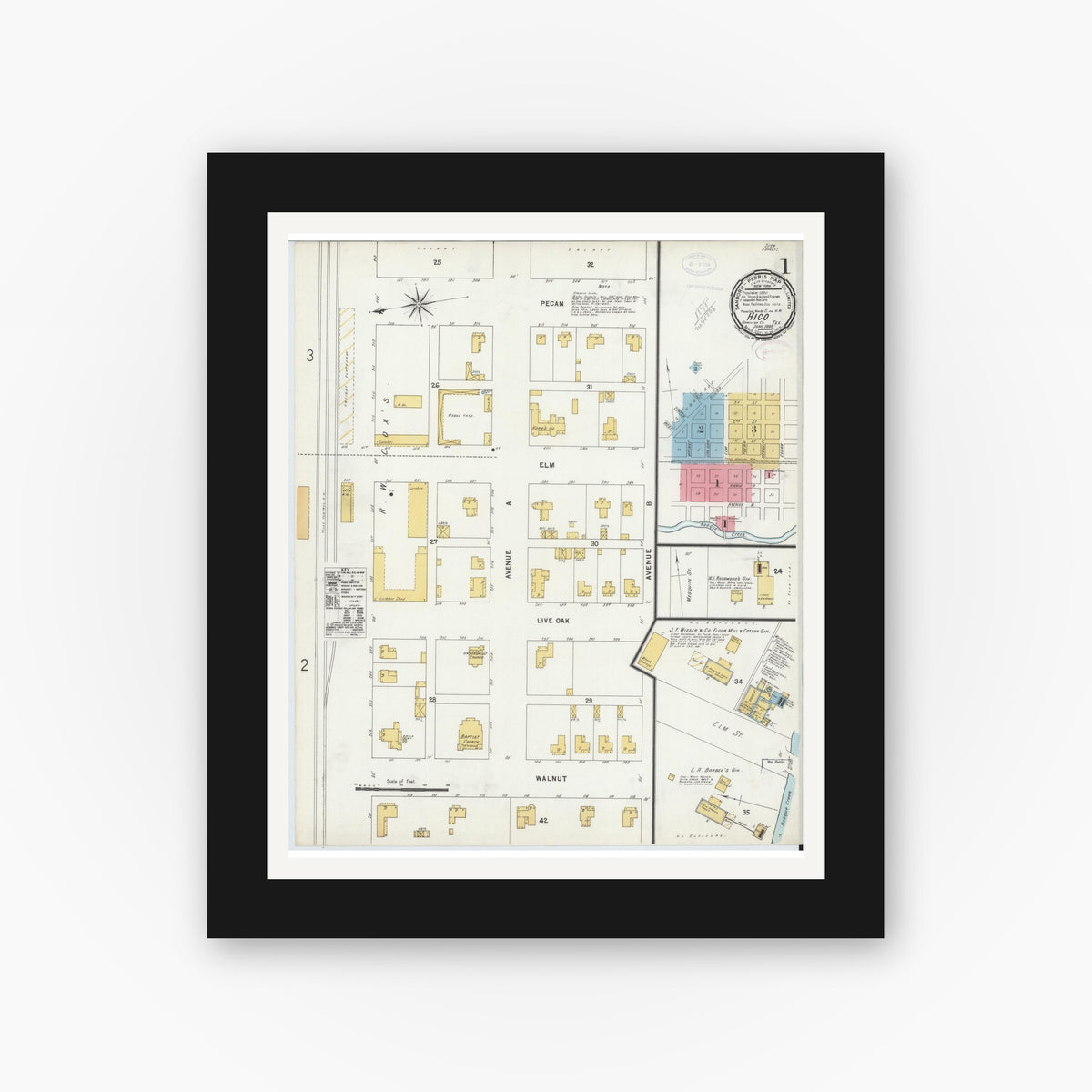 Old map wall art mockup — black gallery frame with white mat — Sanborn Fire Insurance Map from Hico, Hamilton County, Texas (1898), Sheet #0001