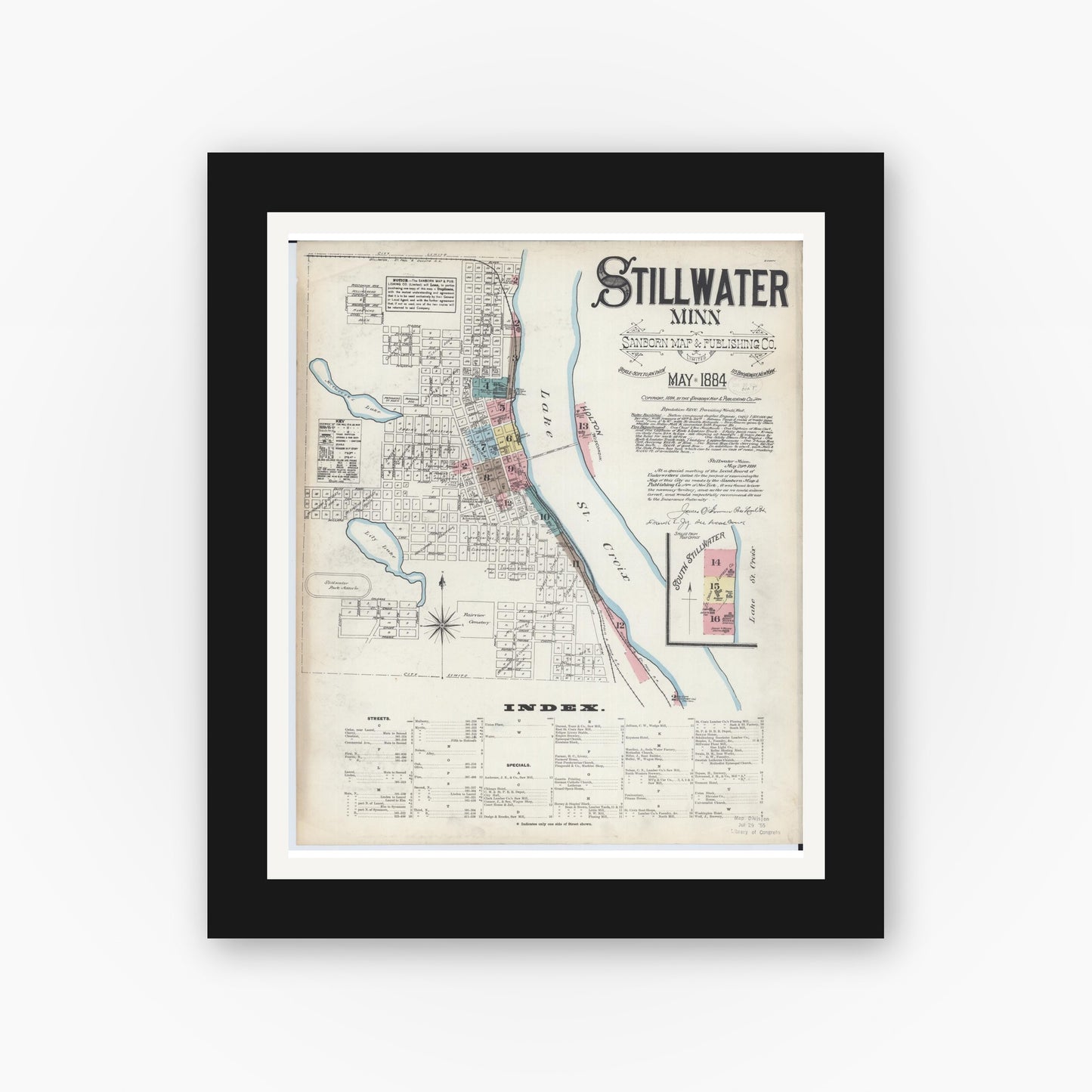 Old map wall art mockup — black gallery frame with white mat — Sanborn Fire Insurance Map from Stillwater, Washington County, Minnesota (1884) - Complete Map Set