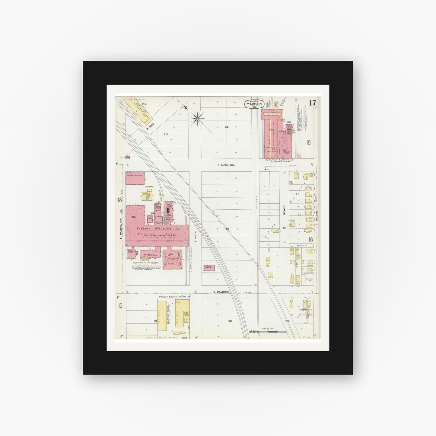 Old map wall art mockup — black gallery frame with white mat — Sanborn Fire Insurance Map from Madison, Dane County, Wisconsin (1902), Sheet #0017