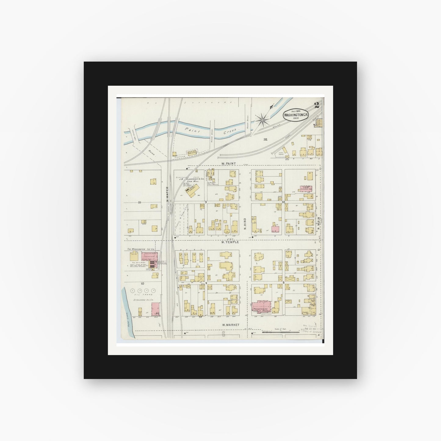 Old map wall art mockup — black gallery frame with white mat — Sanborn Fire Insurance Map from Washington Court House, Fayette County, Ohio (1895), Sheet #0002