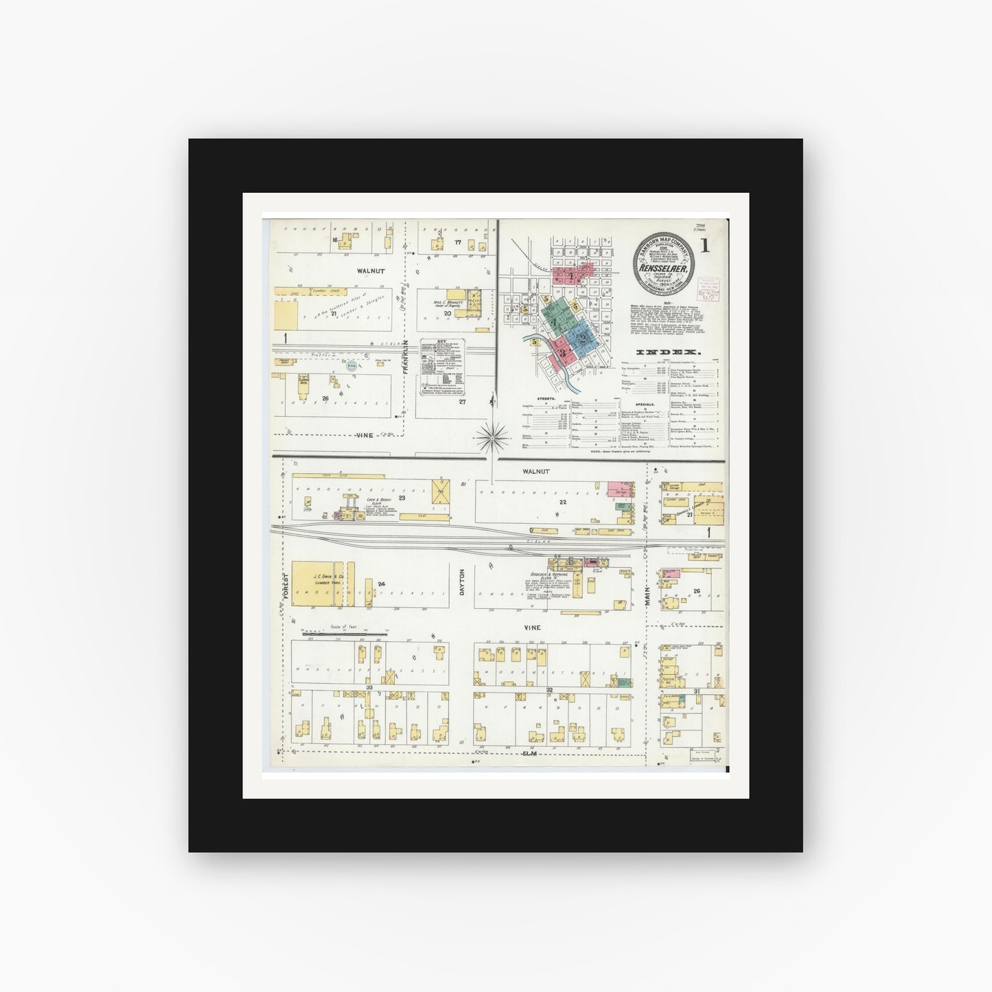 Old map wall art mockup — black gallery frame with white mat — Sanborn Fire Insurance Map from Rensselaer, Jasper County, Indiana (1904) - Complete Map Set