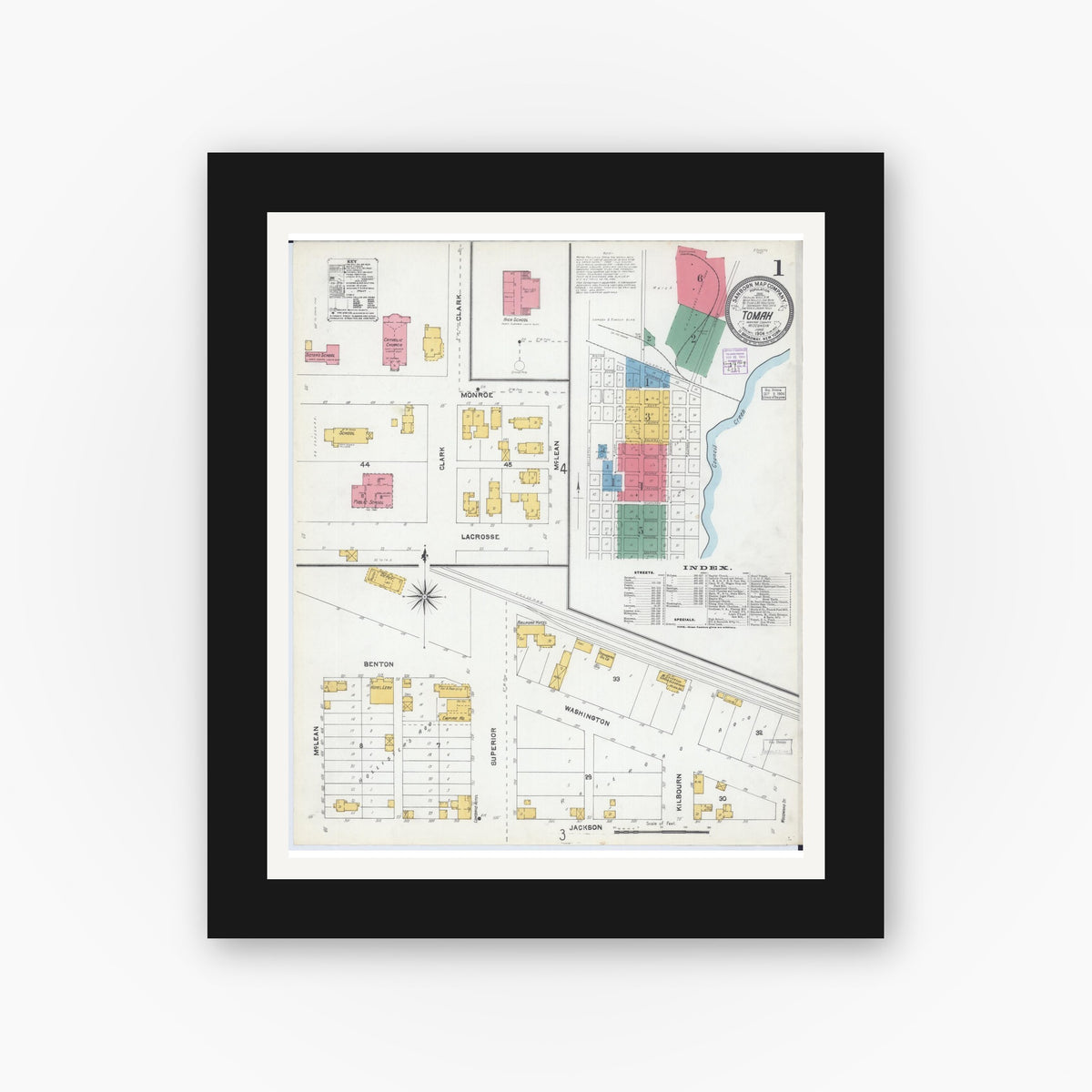 Old map wall art mockup — black gallery frame with white mat — Sanborn Fire Insurance Map from Tomah, Monroe County, Wisconsin (1904), Sheet #0001