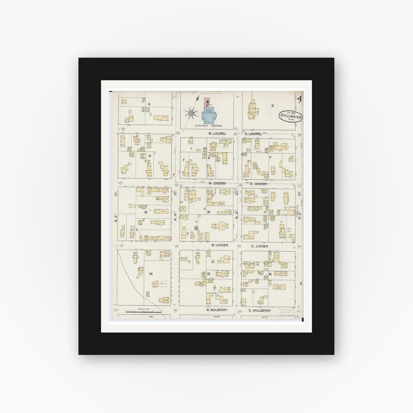 Old map wall art mockup — black gallery frame with white mat — Sanborn Fire Insurance Map from Stillwater, Washington County, Minnesota (1888), Sheet #0004